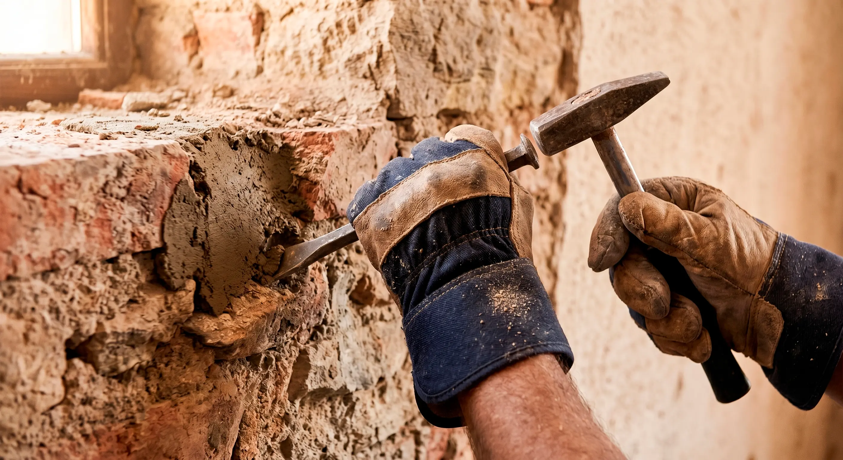 Technician performing urgent repair on structure or installation